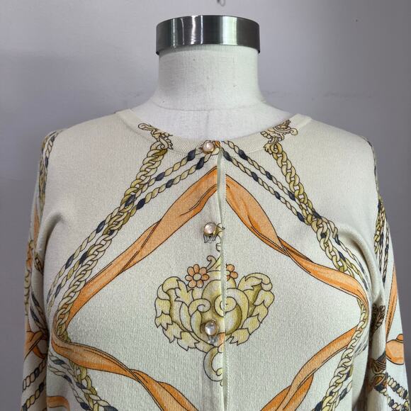 J. McLaughlin Ivory Peach Gray Ribbon Chain Print Preppy Old Money Cardigan Sz M - Picture 5 of 9